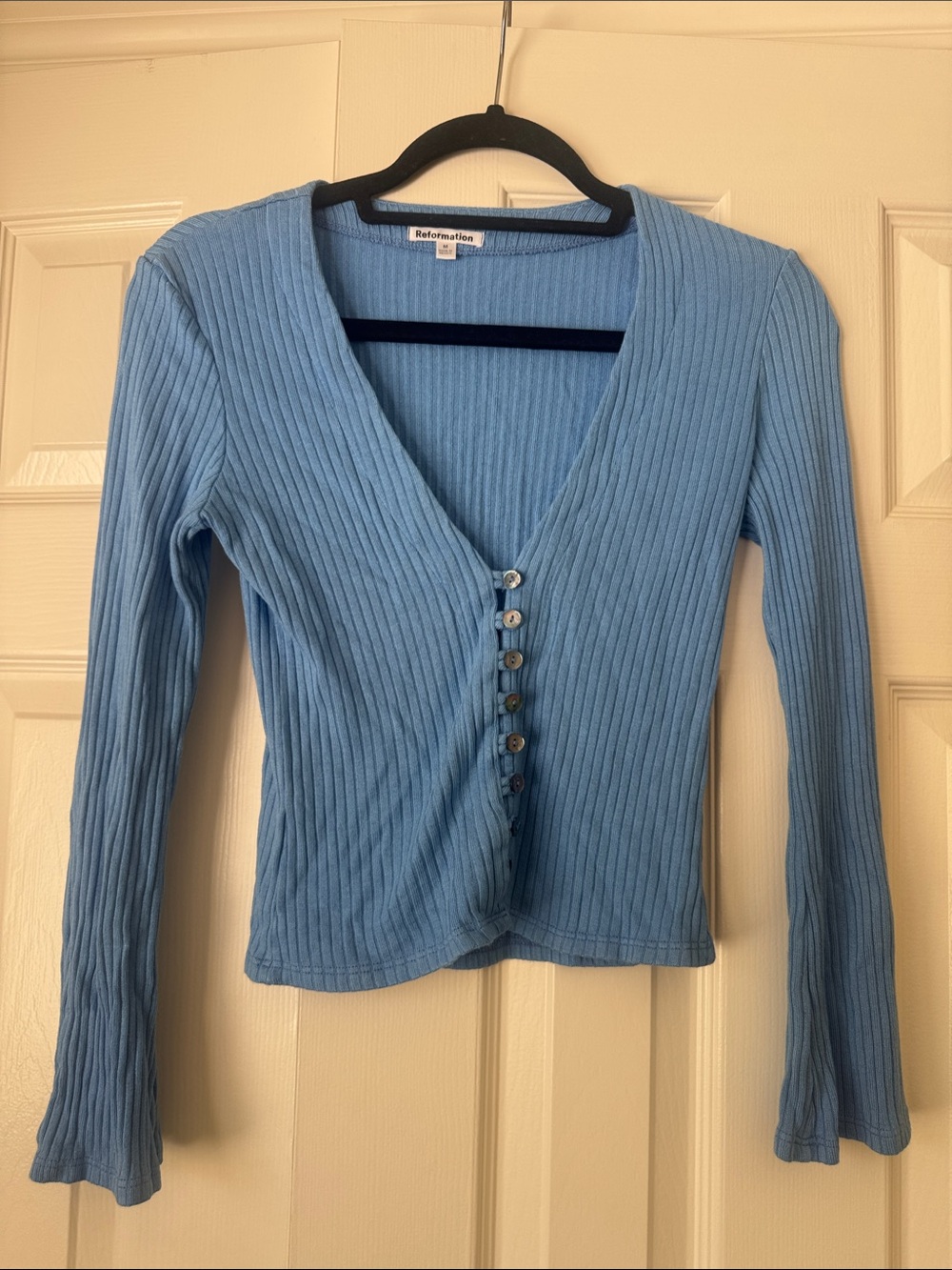 Reformation Light Blue Ribbed V-Neck Button-Up Top
